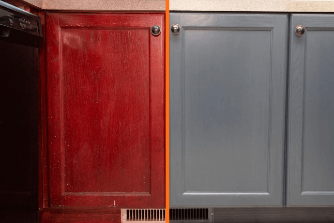 A before and after shot of some freshly refinished kitchen cabinets