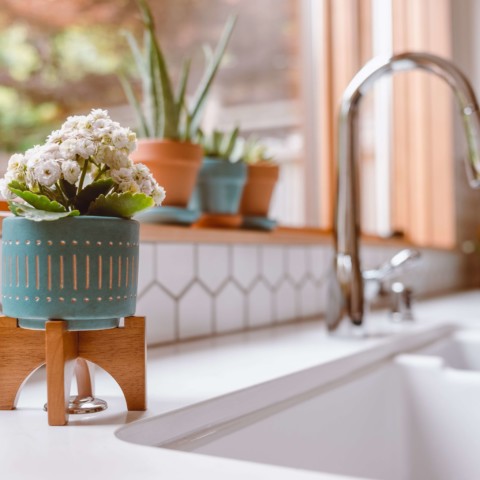 blue vase on a counter