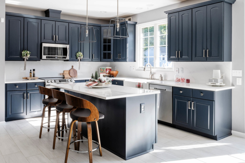 kitchen with cabinets painted dark blue