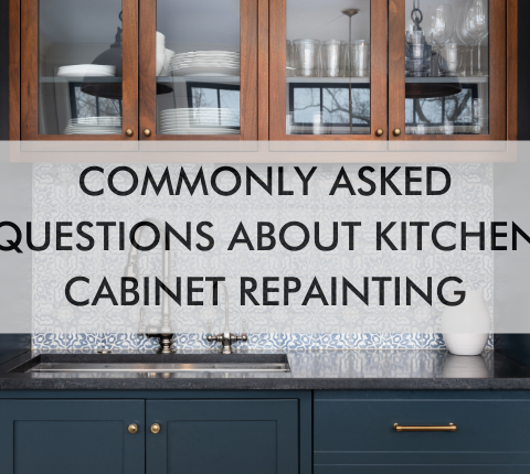 Kitchen with text, "Commonly Asked Questions About Kitchen Cabinet Repainting"