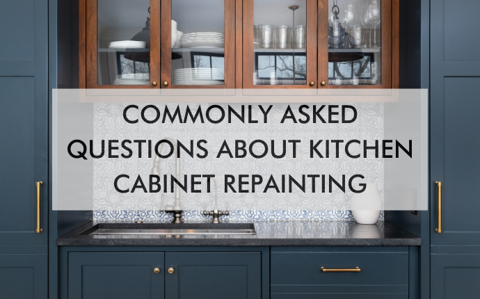 Kitchen with text, "Commonly Asked Questions About Kitchen Cabinet Repainting"