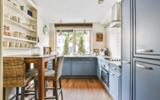 blue glossy kitchen cabinets