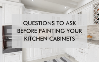 kitchen with text, "questions to ask before painting your kitchen cabinets"