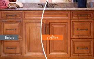 Before and after of bathroom cabinet refinishing