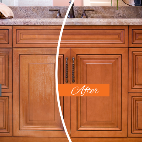 Before and after of bathroom cabinet refinishing