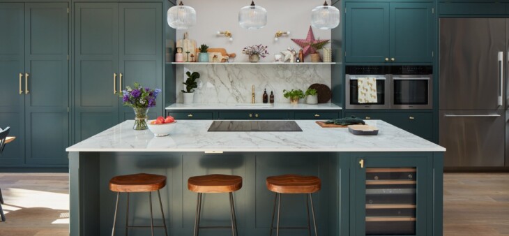 Green kitchen island with built in appliances