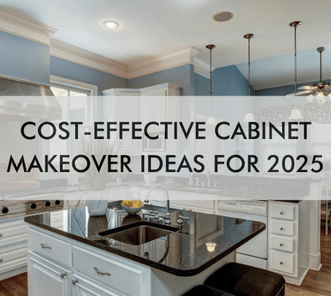 Dark countertops with text "Cost-Effective Cabinet Makeover Ideas for 2025"