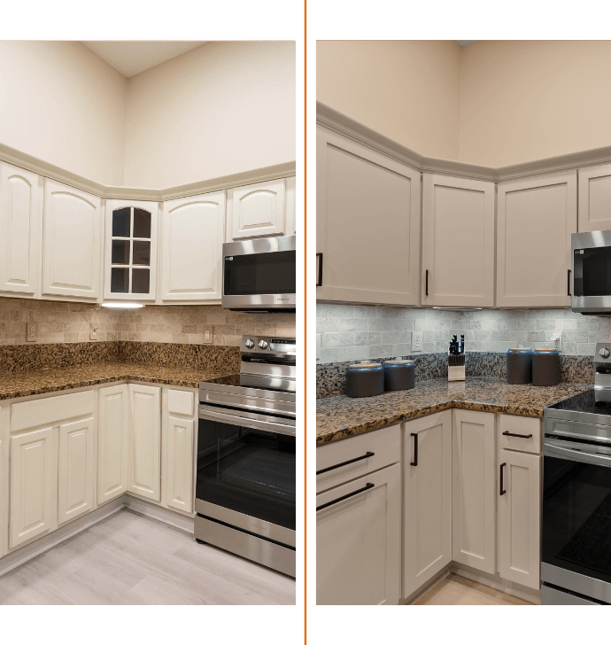 before and after cabinet door replacement in a kitchen